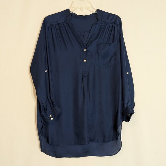 ELLISON Navy Blue Chiffon Pullover Henley Top; 3/4 Roll-Tab Sleeve; Size L - Picture 1 of 5
